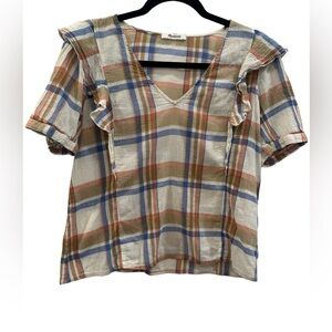 Madewell Women's V-Neck Shoulder-Ruffle Top in Plaid size S EUC